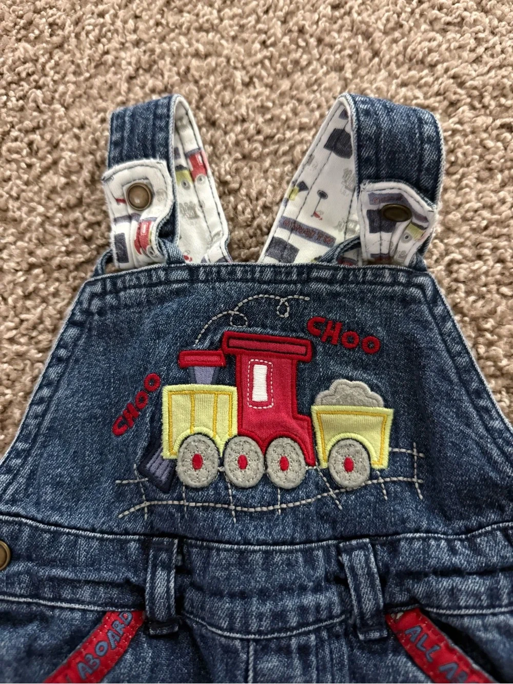 Vintage Y2K Koala Baby 3-6M Denim Train Overalls Embroidered Halloween Costume